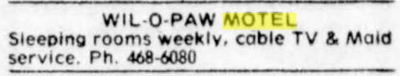 Wil-O-Paw Motel - Sept 20, 1976 Ad